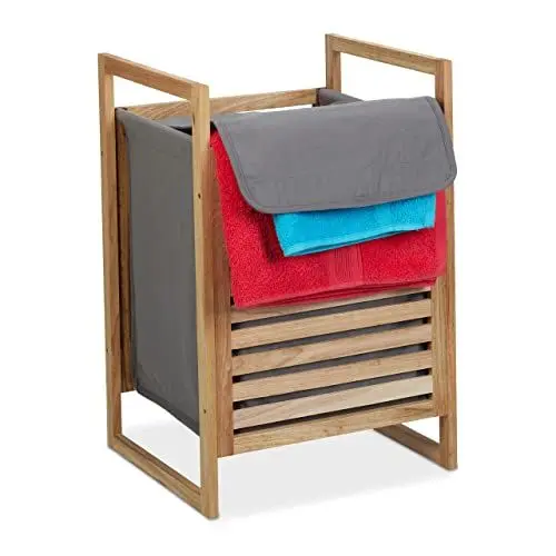 Produktbild: Relaxdays Wäschekorb Walnuss, HxBxT: 60x40x35 cm, Wäschesammler mit Deckel, 50 L, für Schmutzwäsche im Bad, Natur/grau