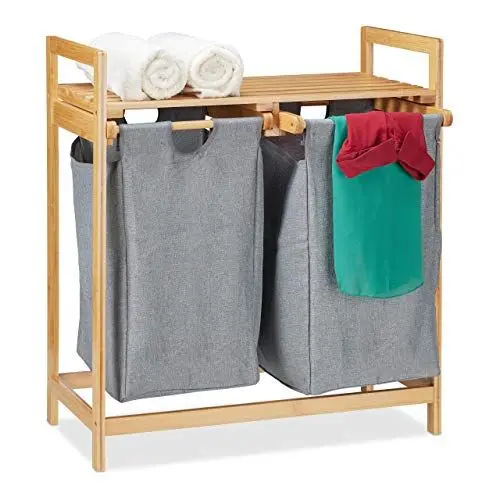 Produktbild: Relaxdays Wäschekorb mit Ablage, 2 Fächer, 2x 30 l Wäschesäcke, Bambus Ausziehwäschekorb HBT 73 x 64 x 33 cm, natur/grau, 1 Stück