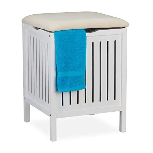 Produktbild: Relaxdays Wäschekorb mit Sitz, Landhausstil, 40 l Wäschesammler, Holz & Stoff, Badhocker HxBxT: 55 x 41 x 41 cm, weiß