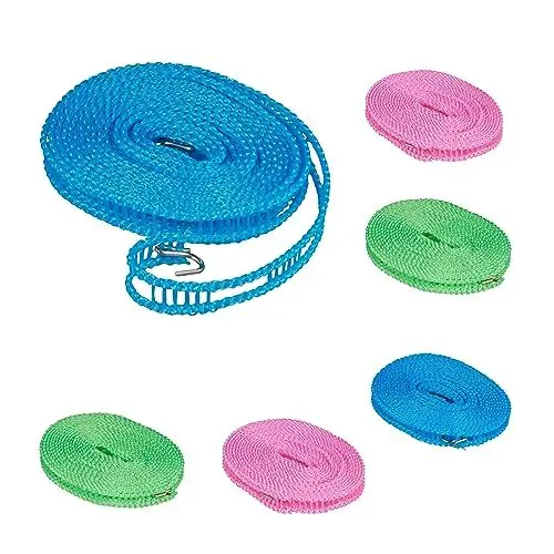 Produktbild: Relaxdays Wäscheleine, 6er Set, 5 m, rutschfeste, Flexible Reisewäscheleine mit Haken, Camping Zubehör, blau/rosa/grün