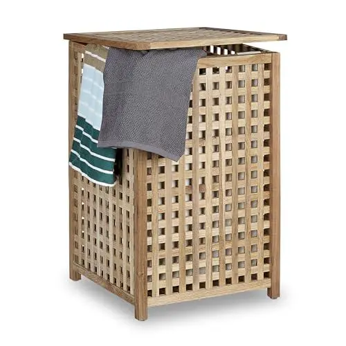 Produktbild: Relaxdays Wäschesammler mit Deckel, 75 L Stoff-Wäschesack, Walnussholz, HBT: 67,5x45,7x45,7 cm, Wäschesortierer, natur