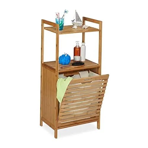 Produktbild: Relaxdays Wäscheschrank mit Wäschekorb, Bambus Badregal mit ausklappbarem Wäschesammler, HBT 100 x 45,5 x 33,5 cm, Natur, 1 Stück