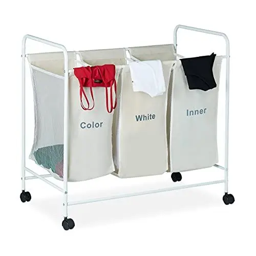 Produktbild: Relaxdays Wäschesortierer, 3 beschriftete Fächer, Rollen zum Feststellen, Volumen 100 Liter, HxBxT 76 x 80 x 46cm, beige, 1 Stück