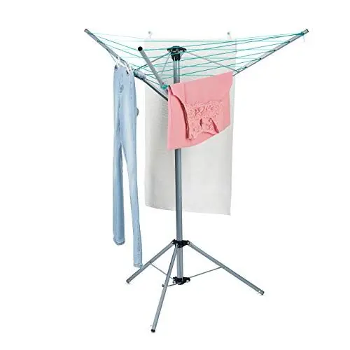 Produktbild: Relaxdays Wäschespinne, 15 m Leine, für Garten & Camping, klappbar, mit Standfuß, Balkon Wäscheschirm H: 140 cm, Silber