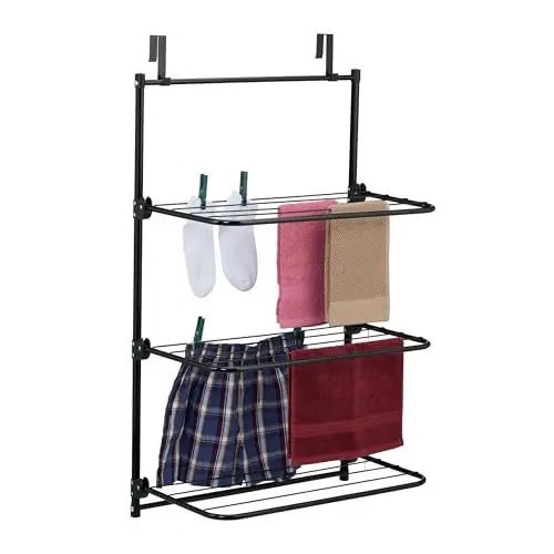 Produktbild: Relaxdays Wäscheständer Tür, zum Einhängen, HBT: 95 x 58 x 31 cm, 10 m Trockenlänge, 3 klappbare Flügel, Eisen, schwarz
