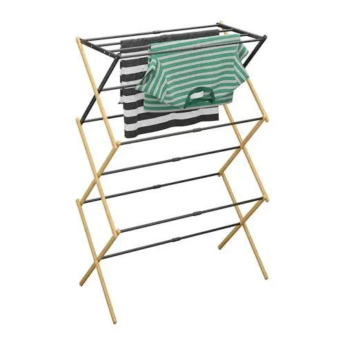 Produktbild: Relaxdays Wäscheständer klappbar, 11 Stangen, 5 Ebenen, 105,5x43-75x37,5 cm, ausziehbar, Bambus & Metall, Natur/schwarz