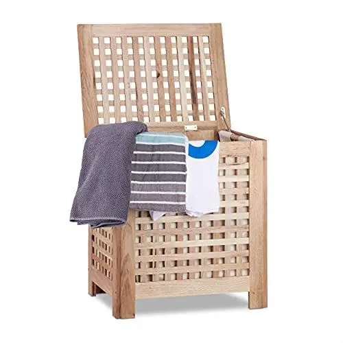 Produktbild: Relaxdays Wäschetruhe Walnuss mit Deckel, entnehmbarer Wäschesack ca. 70 l Volumen, geschlossener Wäschesammler Holz HBT ca. 55,5 x 52,5 x 39,5 cm, natur