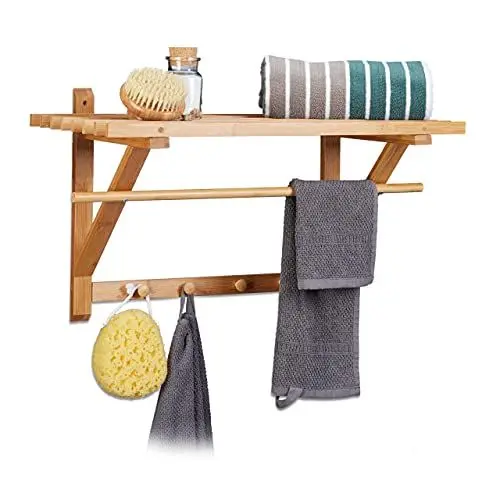 Produktbild: Relaxdays Wandgarderobe Bambus, Hutablage und Kleiderstange, Handtuchhalter mit Hakenleiste HBT 35 x 60 x 30 cm, natur