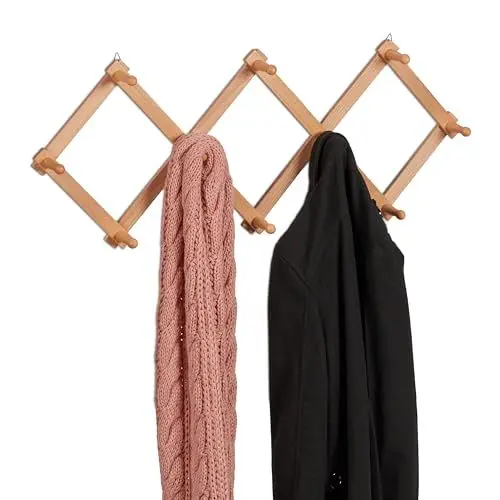 Produktbild: Relaxdays Wandgarderobe Holz, ausziehbare Garderobenleiste, 10 Kleiderhaken, für Jacken, Scherengarderobe faltbar, Natur
