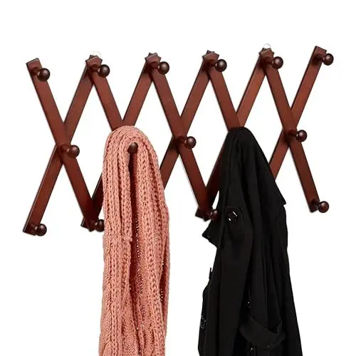 Produktbild: Relaxdays Wandgarderobe Holz, ausziehbare Garderobenleiste, 17 Kleiderhaken, für Jacken, Scherengarderobe faltbar, braun