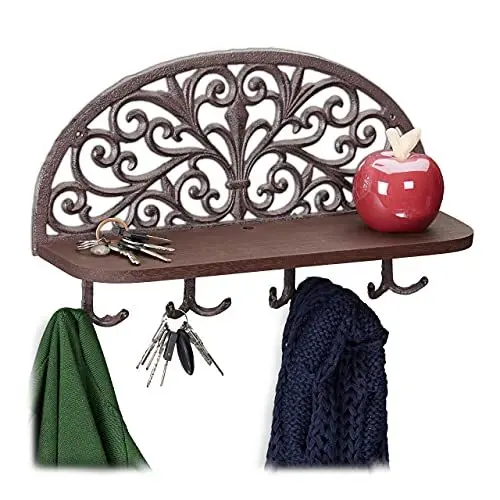 Produktbild: Relaxdays Wandgarderobe mit Ablage, Antik Design, 4 Doppelhaken, Schlüsselbrett, Gusseisen, HBT: 23x39x11,5 cm, braun
