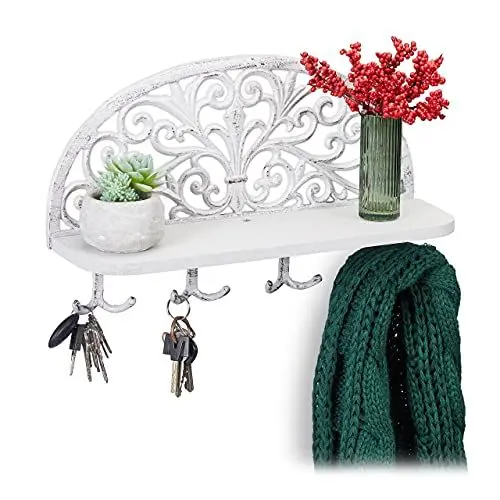 Produktbild: Relaxdays 10028988_49 Wandgarderobe mit Ablage, Antik Design, 4 Doppelhaken, Schlüsselbrett, Gusseisen, HBT: 23x39x11,5 cm, weiß 1 Stück, Weiß