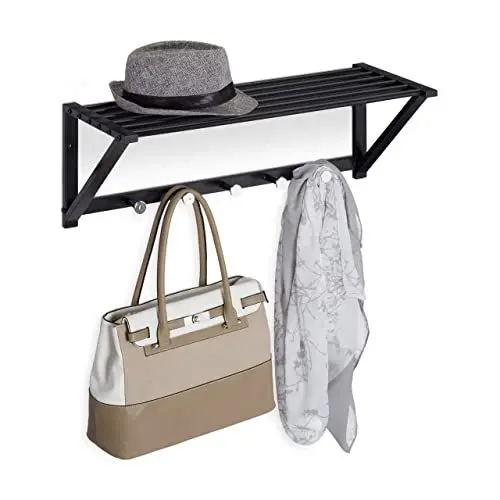 Produktbild: Relaxdays Wandgarderobe mit Ablage, Garderobenleiste 5 Haken, Flur & Bad, modern, Metall, HBT 23 x 65 x 25 cm, schwarz, 1 Stück