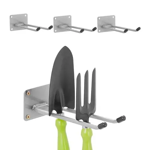 Produktbild: Relaxdays Wandhaken 4er Set, 24 cm, Doppelhaken Wand, Gerätehalter Garage, Werkstatt & Keller, Besenhalter Stahl, silber