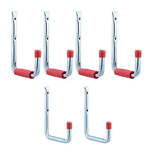 Produktbild: Relaxdays Wandhaken 6er Set, 2 Größen, bis 17,5 kg, Haken für Garage, Werkstatt, Keller, Stahl, Schaumstoff, silber-rot