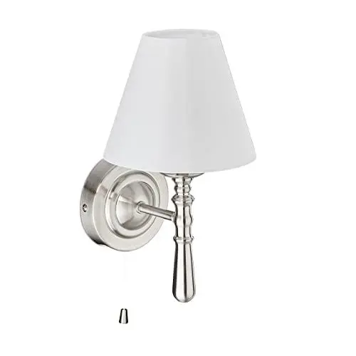Produktbild: Relaxdays Wandlampe mit Schirm, innen, Zugschalter, Flur & Wohnzimmer, E14, Stoff, Metall, HBT 28x16x19 cm, silber/weiß