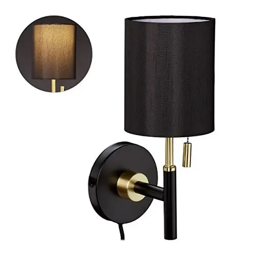 Produktbild: Relaxdays Wandleuchte, runder Stoffschirm, Zugschalter, Kabel mit Stecker, Wandlampe HBT: 32 x 13 x 18 cm, schwarz-gold