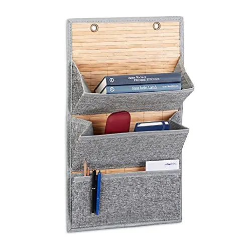 Produktbild: Relaxdays Wandorganizer Bambus mit 3 Jutemuster Fächer, 58 x 34 x 15 cm HxBxT Zeitungshalter für Büro und Flur, grau
