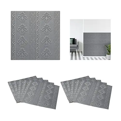 Produktbild: Relaxdays Wandpaneele, 10er Set, selbstklebend, zuschneidbar, 3D Paneele, Wandverkleidung Barock Design, 70x70cm, Silber, Schaumstoff, 70 x 70 x 1 cm