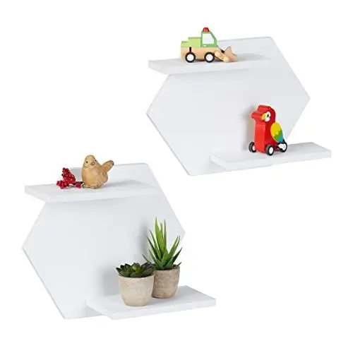Produktbild: Relaxdays Wandregal 2er Set, sechseckig, je 2 Ablagen, kleines & großes Hängeregal, Hexagon-Regal für die Wand, weiß