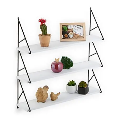 Produktbild: Relaxdays Wandregal, 3 Ablagen, MDF & Eisen, H x B x T: 60 x 60 x 15 cm, Wandablage Wohnzimmer, Dekoregal, weiß/schwarz
