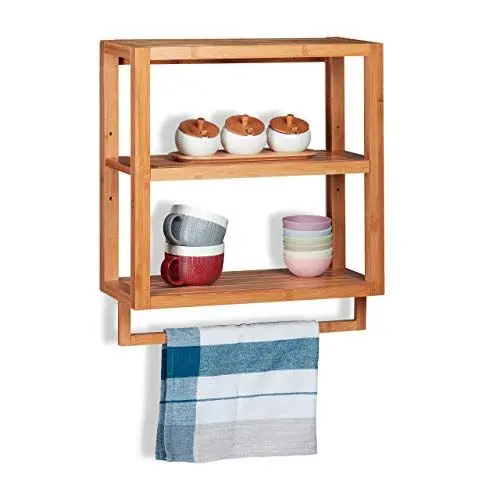 Produktbild: Relaxdays Wandregal Bambus, 3 Ablagen, Handtuchstange, Einlegeboden, Hängeregal für Küche & Bad, HBT 58,5x52x21cm, Natur