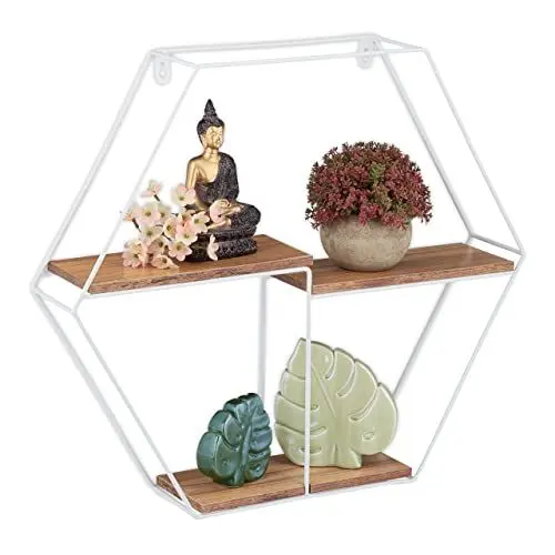Produktbild: Relaxdays Wandregal Hexagon, Hängeregal, 3 Ablagen, HxBxT 45 x 51,5 x 10 cm, Metall & MDF, Dekoregal Wand, weiß/braun