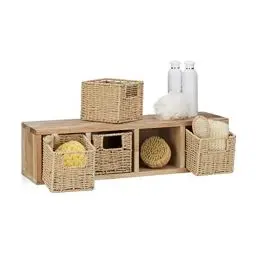 Produktbild: Relaxdays Wandregal Walnuss 4 herausnehmbare Körbe, natürliches Design, zur Wandmontage, 4 Fächer, natur