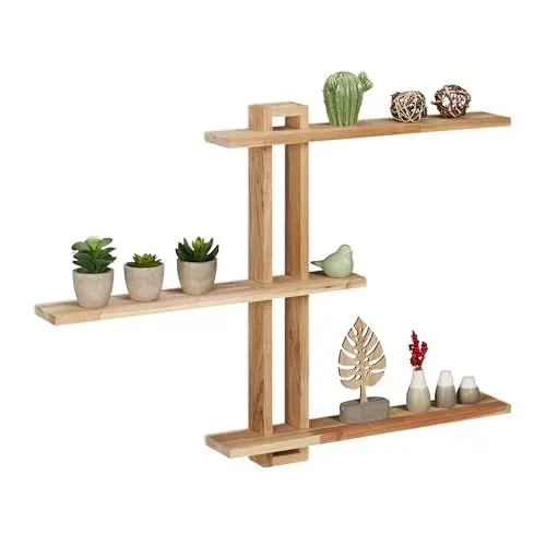 Produktbild: Relaxdays Wandregal, Walnussholz, H x B x T: 56 x 80 x 9 cm, Dekoregal Wand, rustikales Schweberegal mit 3 Ebenen, Natur