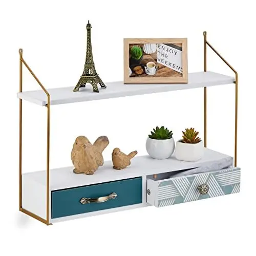 Produktbild: Relaxdays Wandregal mit 2 Schubladen, 2 Ablagen, MDF & Eisen, HxBxT: 42,5 x 60 x 16,5 cm, Hängeregal Wohnzimmer, bunt