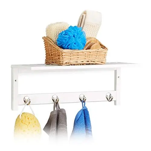 Produktbild: Relaxdays Wandregal mit 4 Haken, HxBxT: 17,5 x 50 x 16 cm, Bambus, Handtuchhalter, Wandgarderobe, freischwebend, weiß
