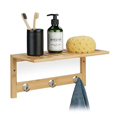 Produktbild: Relaxdays Wandregal mit Hakenleiste, Bambus, HBT: 18 x 37,5 x 16 cm, Handtuchhalter Bad, Garderobe Flur, 3 Haken, natur