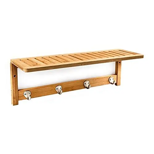 Produktbild: Relaxdays Wandregal mit Hakenleiste, HBT 18 x 50 x 16 cm, Wandgarderobe mit 4 Haken, Badregal mit Handtuchhalter, Bambus Wandhandtuchhalter, Garderobe für Diele, natur