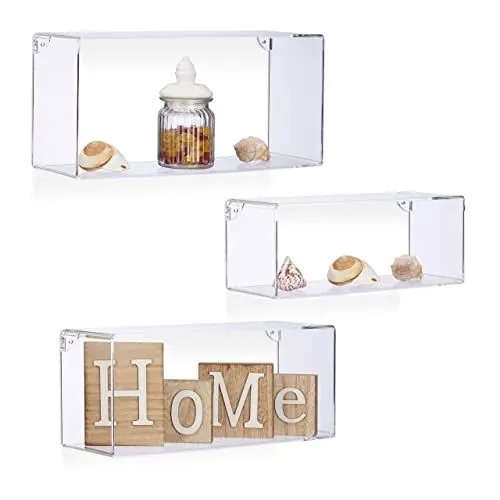 Produktbild: Relaxdays Wandregale Acryl, rechteckiges Wandboard 3er Set, bruchsichere Kunststoffregale zum Aufhängen, transparent, 12 x 40 x 18 cm