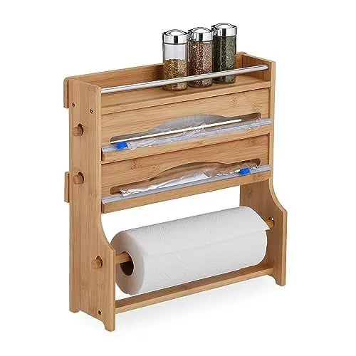Produktbild: Relaxdays Wandrollenhalter, für Alufolie, Frischhaltefolie, Küchenrolle, Gewürzregal, Bambus, HBT: 40x40x11,5 cm, Natur