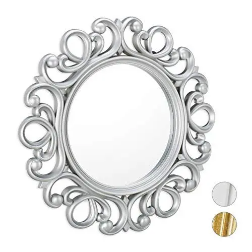 Produktbild: Relaxdays Wandspiegel rund, Wanddekoration Flur, Bad, Wohn- & Schlafzimmer, mit Rahmen, Zierspiegel, ∅ 50 cm, silber