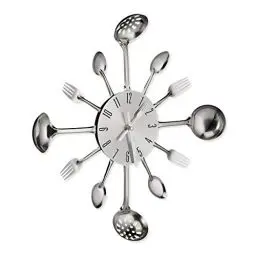 Produktbild: Relaxdays Wanduhr Besteck, Küchenuhr Löffel, Gabel & Kelle, Ø 40 cm, batteriebetrieben, mit Ticken, Besteckuhr, silber