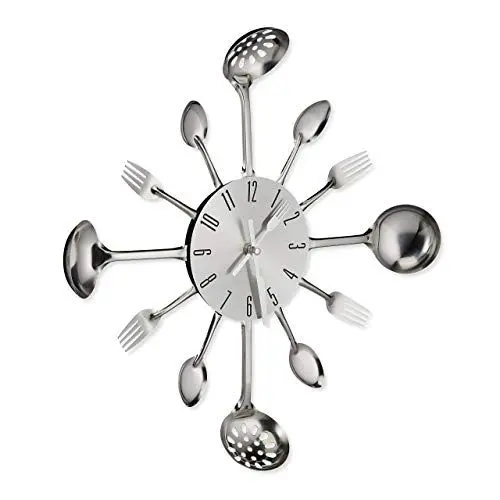 Produktbild: Relaxdays Wanduhr Besteck, Küchenuhr Löffel, Gabel & Kelle, Ø 40 cm, batteriebetrieben, mit Ticken, Besteckuhr, silber