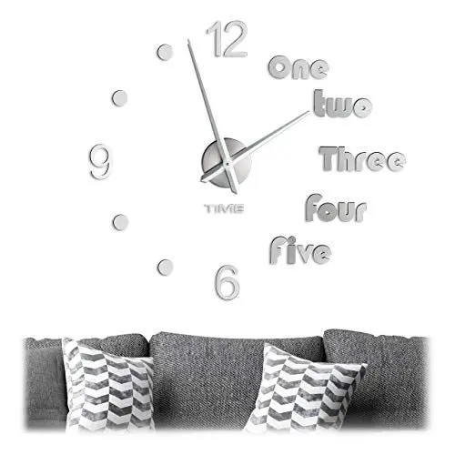 Produktbild: Relaxdays Wanduhr DIY, mit Zahlen & Worten, Uhr Wandtattoo zum Aufkleben, Größe variabel, moderne 3D Wanduhr, silber, 1 Stück