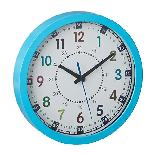 Produktbild: Relaxdays Wanduhr Kinder, Ø 30 cm, große Zahlen, Uhrzeit Lernen, Kinderzimmeruhr Jungen & Mädchen, Kinderuhr Wand, blau