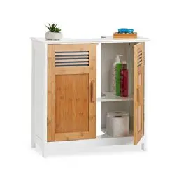 Produktbild: Relaxdays Waschbeckenunterschrank, Bambustüren, höhenverstellbarer Boden, Siphon-Aussparung, HBT: 60x60x30cm, natur/weiß