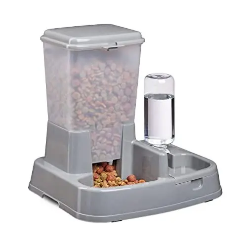 Produktbild: Relaxdays Wasser- und Futterspender, Futterautomat Katzen & Hunde, Flasche, Kunststoff, HBT 34x34,5x27,5 cm, dunkelgrau, 1 Stück (1er Pack)
