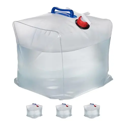 Produktbild: Relaxdays Wasserkanister 4er Set, 20 L, faltbar, Zapfhahn, Griffe, Camping Kanister, BPA-freier Kunststoff, transparent