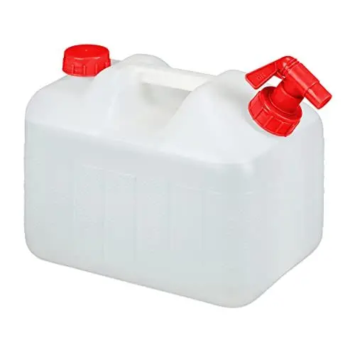Produktbild: Relaxdays Wasserkanister mit Hahn, Schraubdeckel, Trinkwasserkanister Camping, 10l Tank, BPA-frei, Kunststoff, weiß-rot