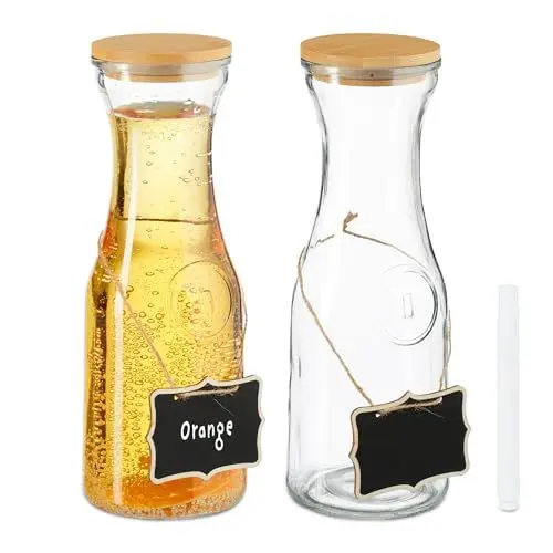 Produktbild: Relaxdays Wasserkaraffe, 2er Set, 1 Liter, Glaskaraffe mit Bambusdeckel, zum Beschriften, Wasserkanne, transparent/Natur