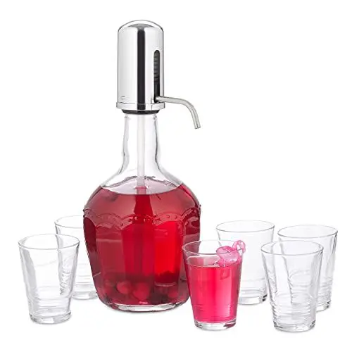 Produktbild: Relaxdays Wasserspender Set, Getränkespender mit manueller Pumpe, 6 Trinkgläser, Cocktailspender 2,4l, Glas, transparent