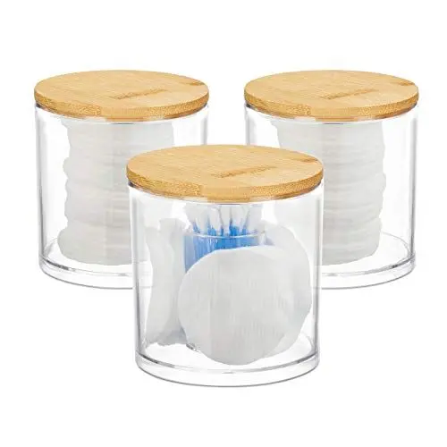 Produktbild: Relaxdays Wattestäbchen Aufbewahrung, 3er Set, Wattepadhalter, Deckel, pflegeleicht, Acryl & Bambus, Natur-transparent