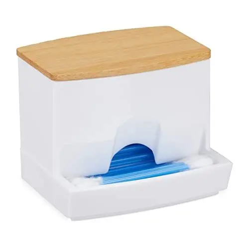 Produktbild: Relaxdays Wattestäbchen Aufbewahrung, Acryl, Bambus, Kosmetik Box mit Deckel, kleiner Ohrstäbchen Spender, weiß/natur