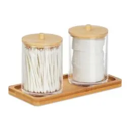 Produktbild: Relaxdays Wattestäbchenbehälter mit Tablett, 2 Becher m. Deckel, Kosmetik Organizer Kunststoff/Bambus, transparent/natur