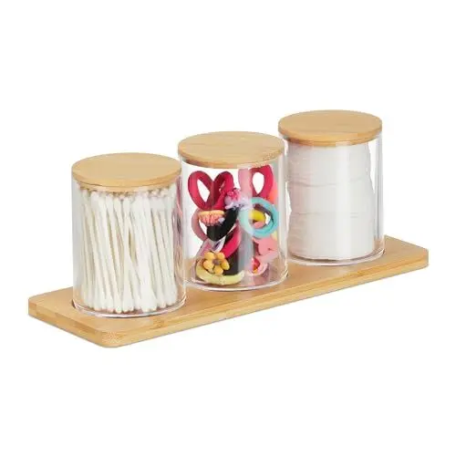 Produktbild: Relaxdays Wattestäbchenbehälter mit Tablett, 3 Becher m. Deckel, Kosmetik Organizer Kunststoff/Bambus, transparent/natur